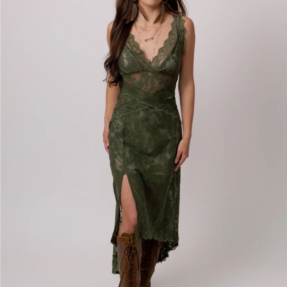 Joyfolie Olive Green Lace Midi Dress